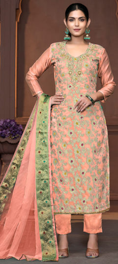 Pink and Majenta color Salwar Kameez in Muslin fabric with Bugle Beads, Cut Dana, Thread, Weaving work