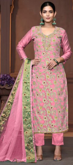 Pink and Majenta color Salwar Kameez in Muslin fabric with Bugle Beads, Cut Dana, Thread, Weaving work