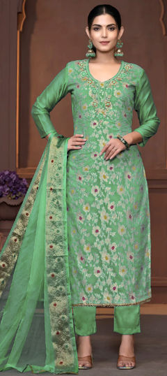 Green color Salwar Kameez in Muslin fabric with Bugle Beads, Cut Dana, Thread, Weaving work