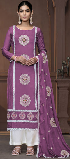 Purple and Violet color Salwar Kameez in Art Silk fabric with Embroidered, Resham, Thread work