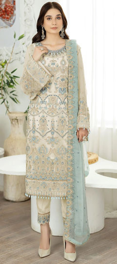 White and Off White color Salwar Kameez in Faux Georgette fabric with Embroidered, Resham, Sequence, Thread, Zari work