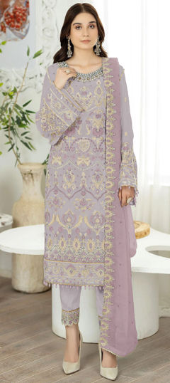 Purple and Violet color Salwar Kameez in Faux Georgette fabric with Embroidered, Resham, Sequence, Thread, Zari work