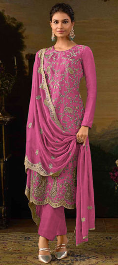 Festive, Party Wear Pink and Majenta color Salwar Kameez in Silk fabric with Straight Embroidered, Sequence, Thread, Zari work : 1967669