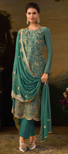 Festive, Party Wear Green color Salwar Kameez in Silk fabric with Straight Embroidered, Sequence, Thread, Zari work : 1967670