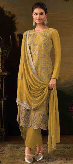 Festive, Party Wear Yellow color Salwar Kameez in Silk fabric with Straight Embroidered, Sequence, Thread, Zari work : 1967671