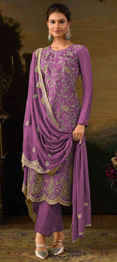 Festive, Party Wear Purple and Violet color Salwar Kameez in Silk fabric with Straight Embroidered, Sequence, Thread, Zari work : 1967673