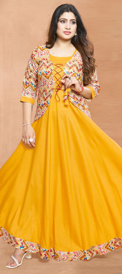 Yellow color Gown in Rayon fabric with Printed work