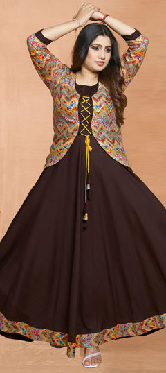 Beige and Brown color Gown in Rayon fabric with Printed work