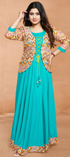 Blue color Gown in Rayon fabric with Printed work