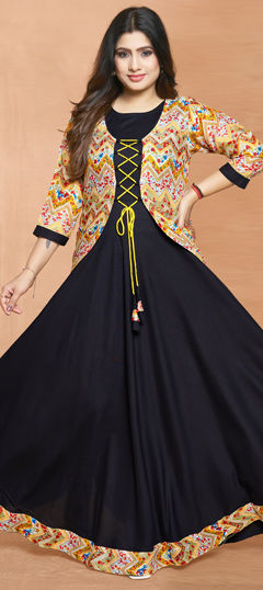 Black and Grey color Gown in Rayon fabric with Printed work
