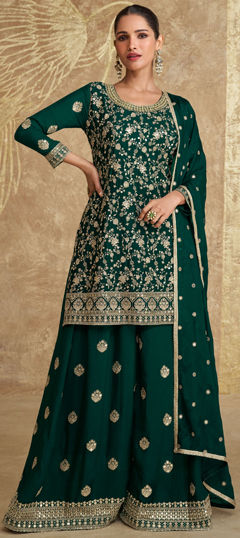 Green color Salwar Kameez in Silk fabric with Embroidered, Sequence, Thread work