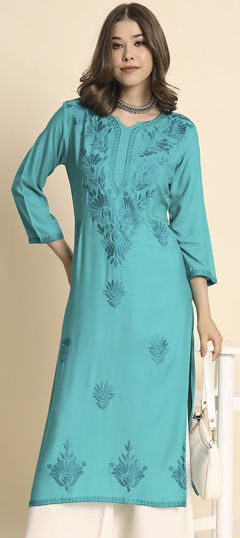 Casual, Summer Blue color Kurti in Rayon fabric with Long Sleeve, Straight Embroidered, Resham, Thread work : 1967702