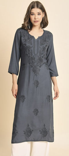 Casual, Summer Black and Grey color Kurti in Rayon fabric with Long Sleeve, Straight Embroidered, Resham, Thread work : 1967704