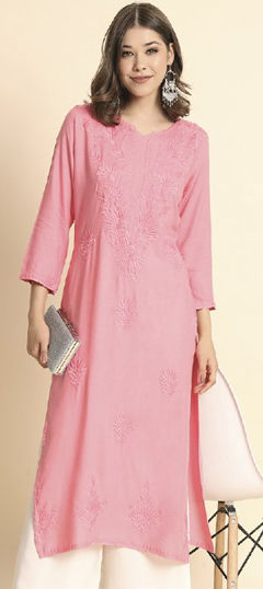 Casual, Summer Pink and Majenta color Kurti in Rayon fabric with Long Sleeve, Straight Embroidered, Resham, Thread work : 1967706