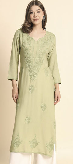 Casual, Summer Green color Kurti in Rayon fabric with Long Sleeve, Straight Embroidered, Resham, Thread work : 1967707