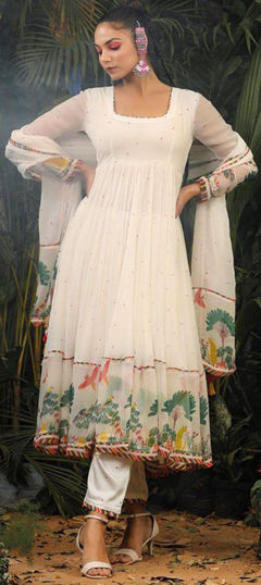 Festive, Party Wear, Reception White and Off White color Salwar Kameez in Georgette fabric with Anarkali Floral work : 1967711