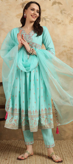 Blue color Salwar Kameez in Rayon fabric with Embroidered, Foil Print, Thread work