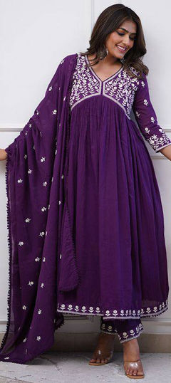 Festive, Party Wear, Reception Purple and Violet color Salwar Kameez in Silk fabric with Anarkali Embroidered, Thread work : 1967716