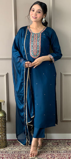 Blue color Salwar Kameez in Viscose fabric with Embroidered, Thread work