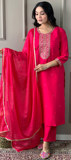 Pink and Majenta color Salwar Kameez in Viscose fabric with Embroidered, Thread work