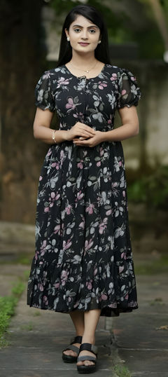 Casual, Summer Black and Grey color Kurti in Georgette fabric with Anarkali Floral, Printed work : 1967754