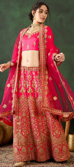 Bridal, Wedding Pink and Majenta color Lehenga in Silk fabric with Flared Embroidered, Sequence, Thread, Zari work : 1967768