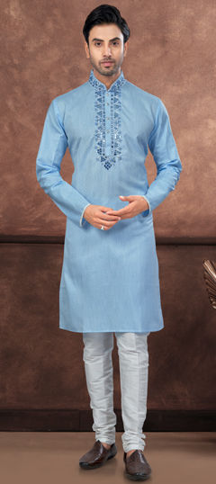 Blue color Kurta Pyjamas in Cotton fabric with Embroidered, Thread work