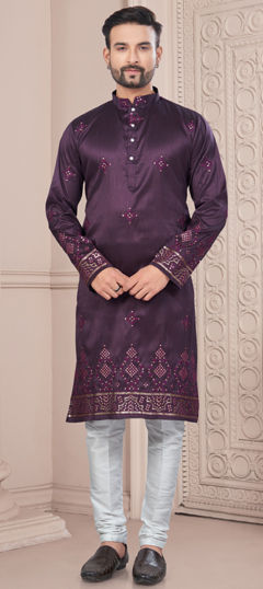 Purple and Violet color Kurta Pyjamas in Silk fabric with Embroidered, Thread work