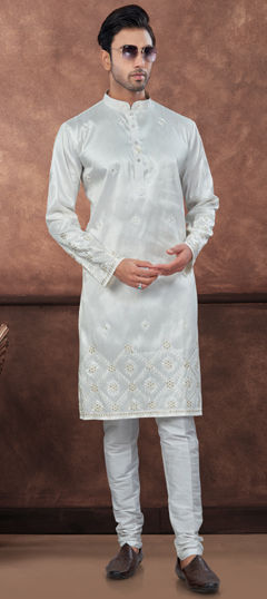 White and Off White color Kurta Pyjamas in Silk fabric with Embroidered, Thread work