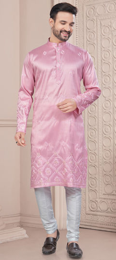 Pink and Majenta color Kurta Pyjamas in Silk fabric with Embroidered, Thread work