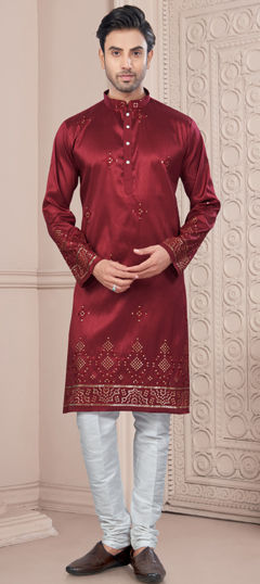 Red and Maroon color Kurta Pyjamas in Silk fabric with Embroidered, Thread work