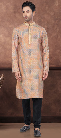 Beige and Brown color Kurta Pyjamas in Jacquard fabric with Printed work