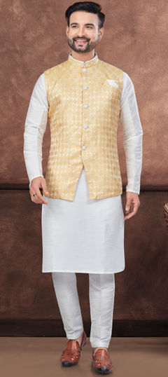 White and Off White color Kurta Pyjama with Jacket in Dupion Silk fabric with Weaving work