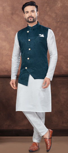 White and Off White color Kurta Pyjama with Jacket in Dupion Silk fabric with Weaving work