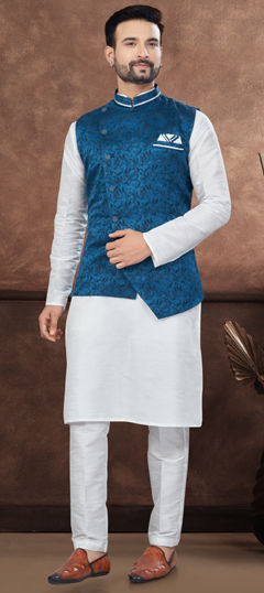 White and Off White color Kurta Pyjama with Jacket in Dupion Silk fabric with Weaving work