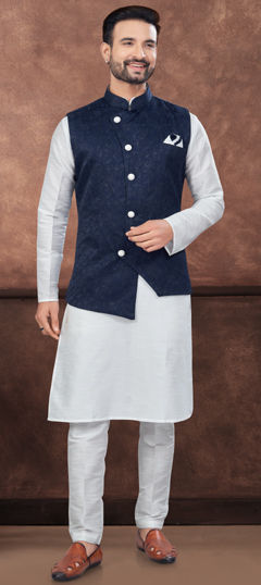 White and Off White color Kurta Pyjama with Jacket in Dupion Silk fabric with Weaving work