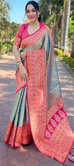 Black and Grey color Saree in Tissue fabric with Weaving, Zari work