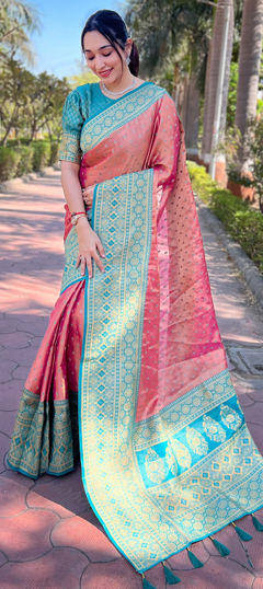 Pink and Majenta color Saree in Tissue fabric with Weaving, Zari work