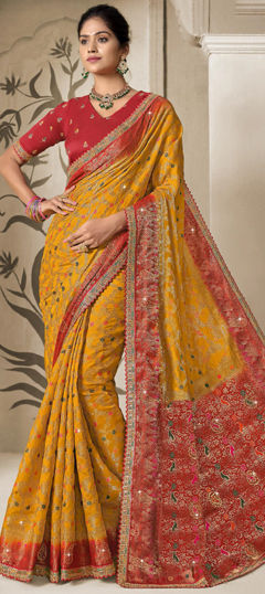 Bridal, Traditional, Wedding Yellow color Saree in Silk fabric with South Border, Sequence, Thread, Weaving work : 1967880