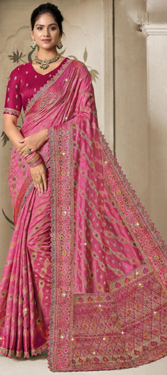 Bridal, Traditional, Wedding Pink and Majenta color Saree in Silk fabric with South Embroidered, Sequence, Thread, Weaving, Zari work : 1967885