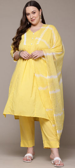 Yellow color Salwar Kameez in Cotton fabric with Lace work