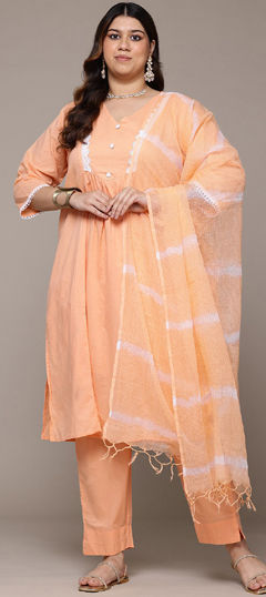 Orange color Salwar Kameez in Cotton fabric with Lace work