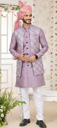 Purple and Violet color Kurta Pyjama with Jacket in Art Silk fabric with Embroidered, Thread work