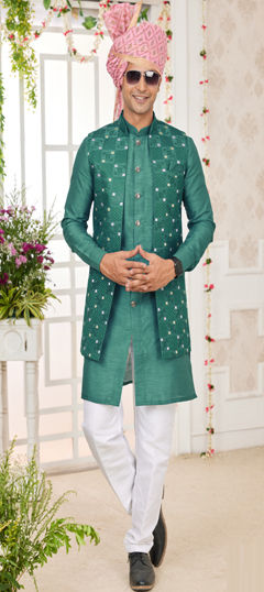 Green color Kurta Pyjama with Jacket in Art Silk fabric with Embroidered, Thread work