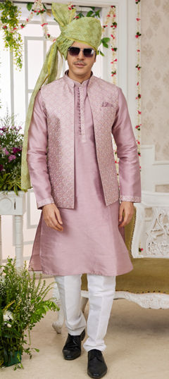 Purple and Violet color Kurta Pyjama with Jacket in Art Silk fabric with Embroidered, Thread work