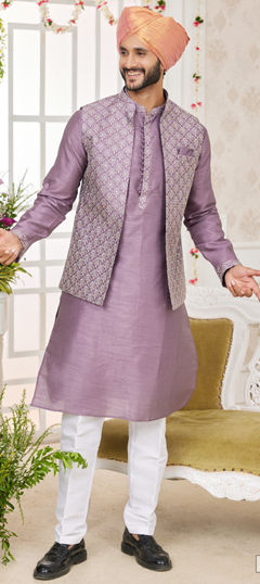 Purple and Violet color Kurta Pyjama with Jacket in Art Silk fabric with Embroidered, Thread work