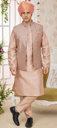 Beige and Brown color Kurta Pyjama with Jacket in Art Silk fabric with Embroidered, Thread work