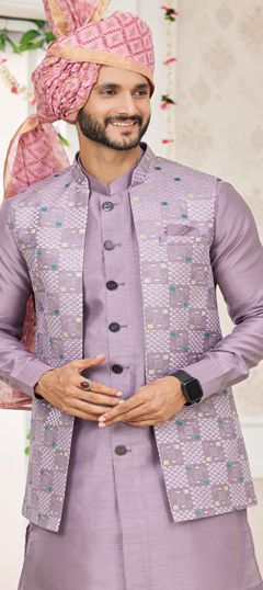 Purple and Violet color Nehru Jacket in Art Silk fabric with Embroidered, Thread work