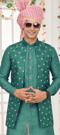Green color Nehru Jacket in Art Silk fabric with Embroidered, Thread work