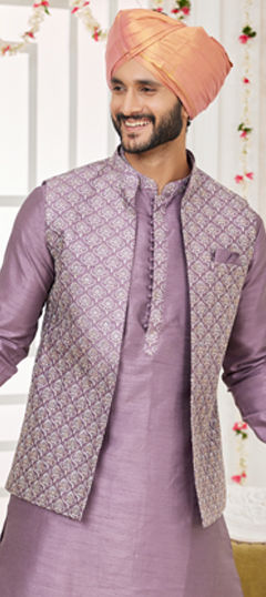Purple and Violet color Nehru Jacket in Art Silk fabric with Embroidered, Thread work